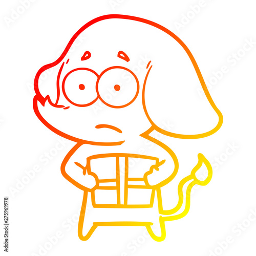 warm gradient line drawing cartoon unsure elephant with christmas present