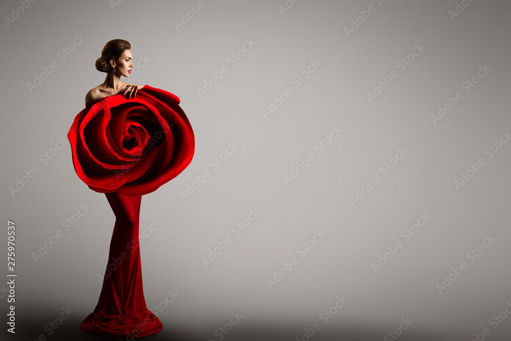 Fashion Model Rose Flower Dress, Elegant Woman Red Art Gown, Beauty Portrait - obrazy, fototapety, plakaty 
