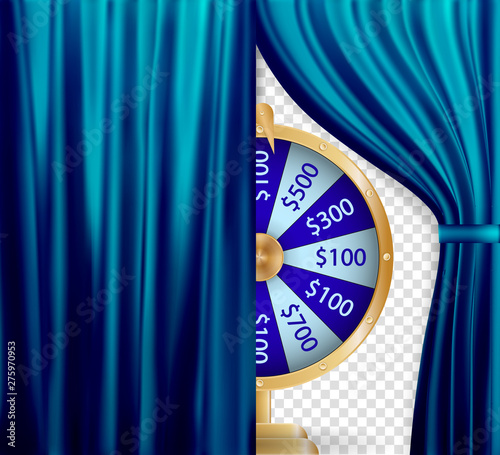 Natural color image of Curtain, open curtains Blue color along with Colorful roulette wheel. Chance of victory. Fortune concept. Vector Illustration.