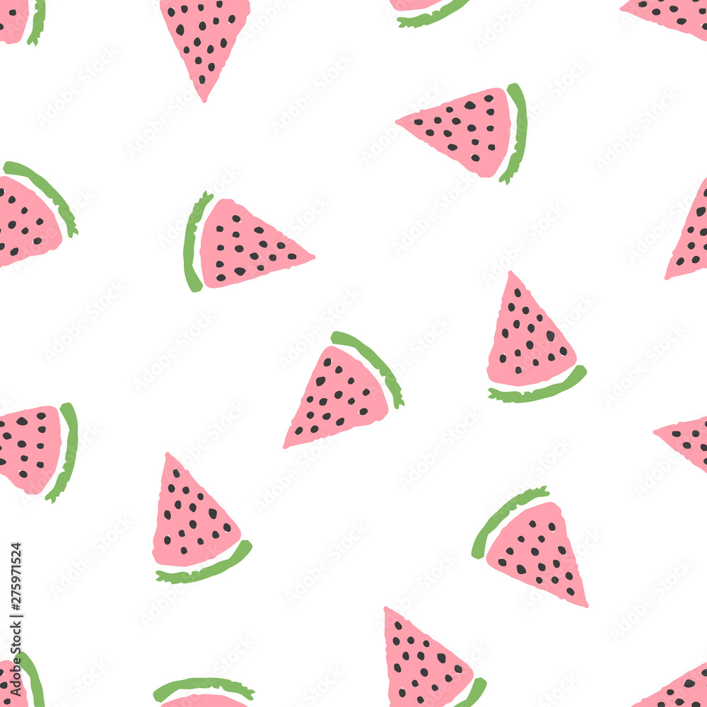 Cute tender pastel colors seamless pattern with hand drawn watermelon slices with black seeds. Bright sweet summer texture for kids design, wallpaper, textile, wrapping paper