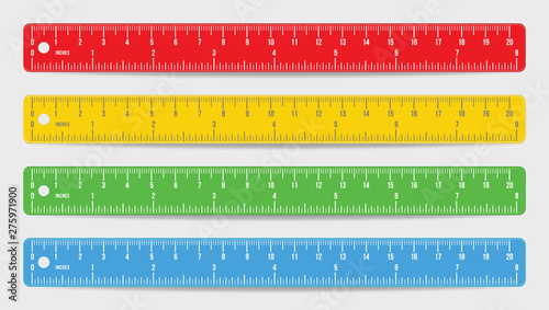 Set of realistic colorful rulers marked in inch and centimeters isolated on white background. Double side measuring tool. School supplies. Flat icon design in red, blue, yellow and green color