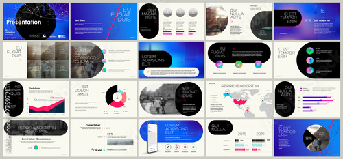 Presentation template, blue minimalist infographic elements on white background. Vector slide template for business project presentations and marketing.