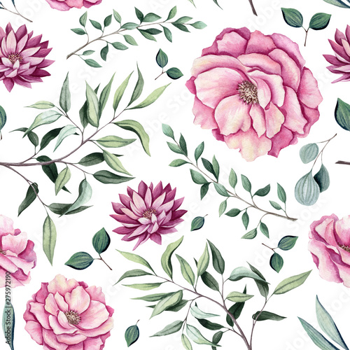 Seamless Pattern of Watercolor Rose and Dahlia Flowers