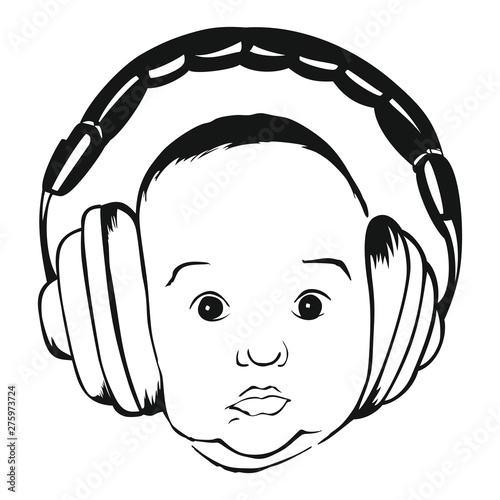 Baby's face with headphones, vector illustration. Happy newborn baby listening to music on headphones photo