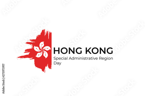 Hong Kong special administrative region of China establishment day - 1 July. Greeting card, banner, poster design print. Hong Kong red flag grunge vector illustration on white background.