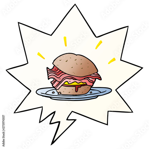 cartoon amazingly tasty bacon breakfast sandwich and cheese and speech bubble in smooth gradient style