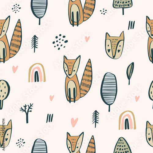 Semless woodland pattern with cute little foxes. Scandinaviann style, nursery texture for baby apparel, childish decoration. Vector illustration.