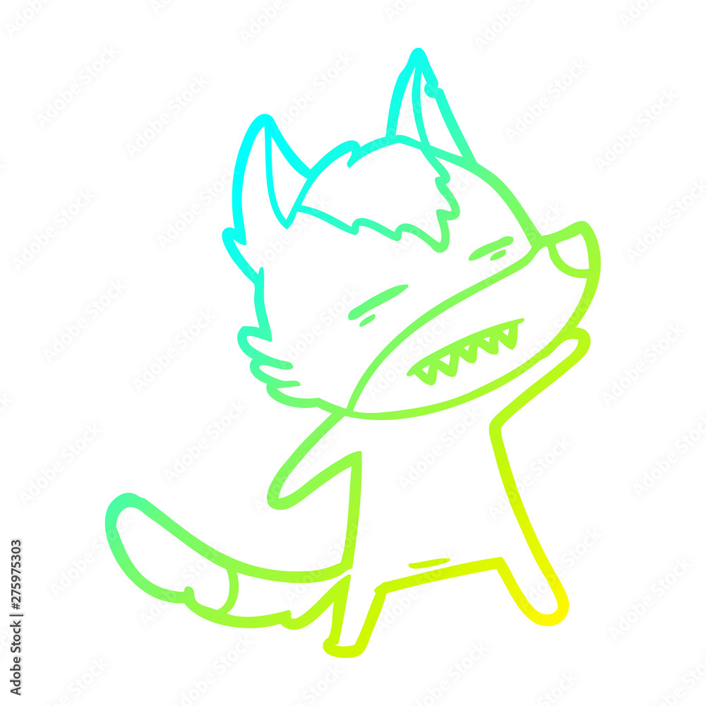 Obraz premium cold gradient line drawing cartoon wolf showing teeth