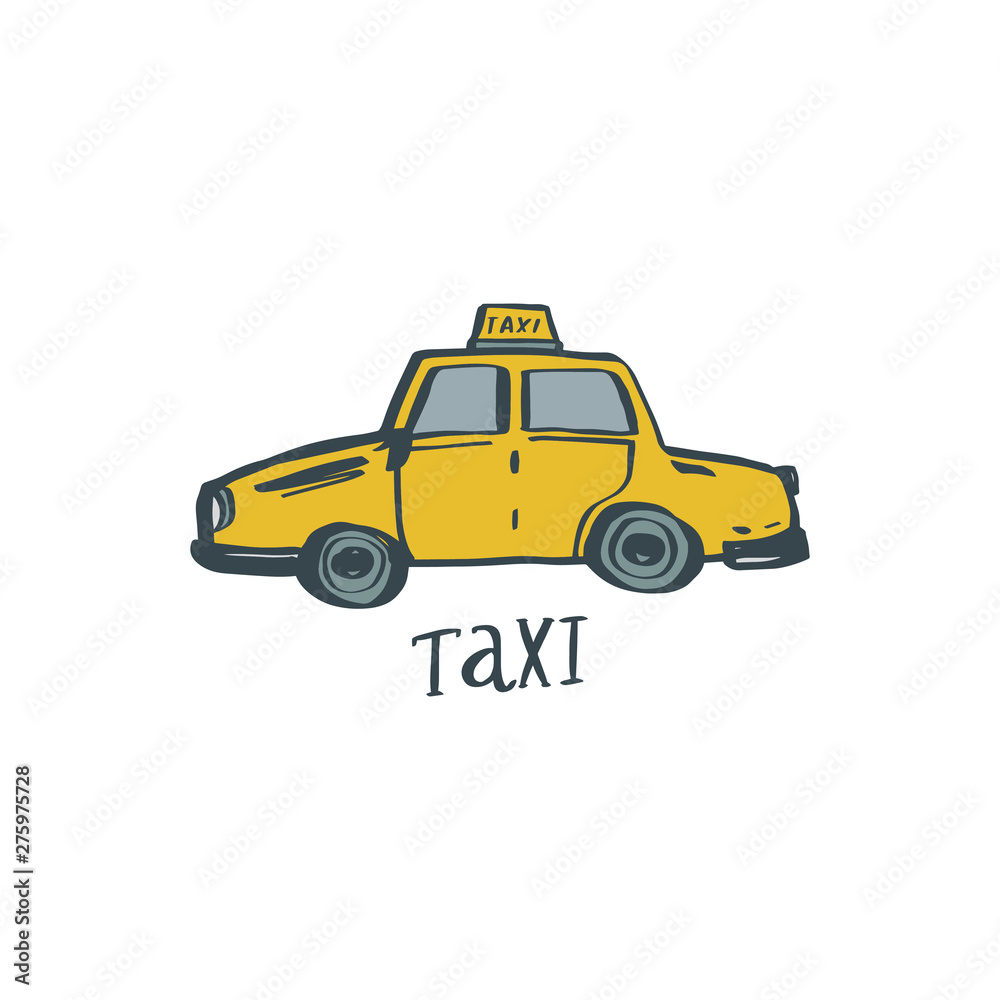 Doodle taxi vector illustration. Hand drawn car.