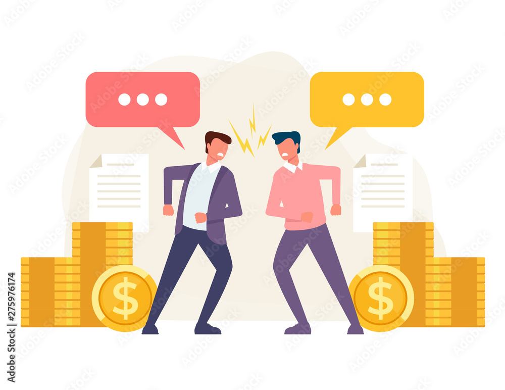 Two businessmen characters share budget. Business competition concept. Vector flat cartoon graphic design isolated illustration Stock Vector | Adobe Stock