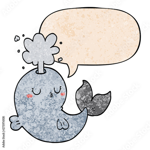 cartoon whale spouting water and speech bubble in retro texture style