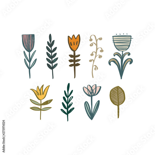 Flowers and plants in scandinavian style. Summer or spring motive. Vector illustration.