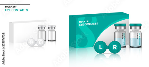 Mock up Realistic Transparent Contact Lenses Bottles , Eye Product and Case With Carton Packaging Background Illustration