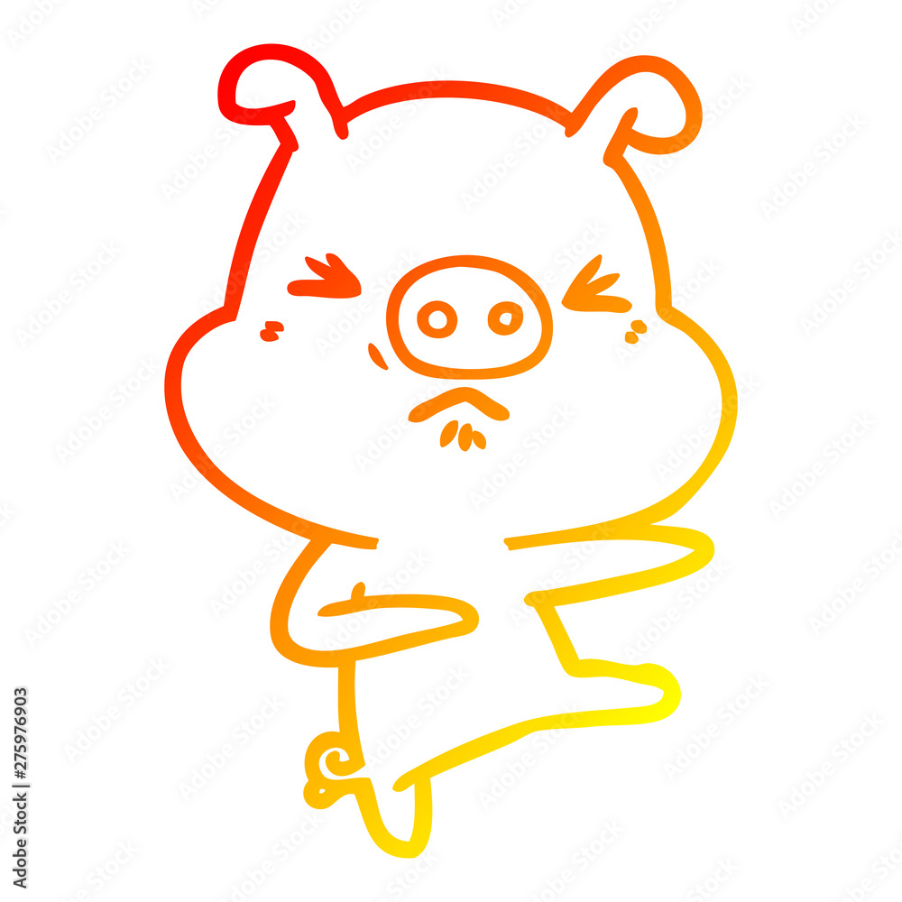 Obraz premium warm gradient line drawing cartoon angry pig kicking out