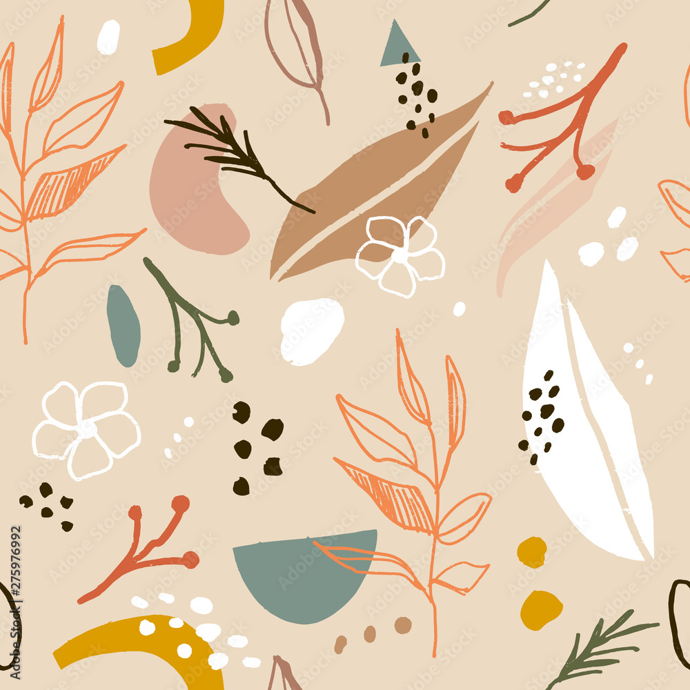 Abstract spring or summer seamless pattern with abstract shapes and leaves in light pastel beige and white color background. Greeting card template, wall art. Vector EPS.