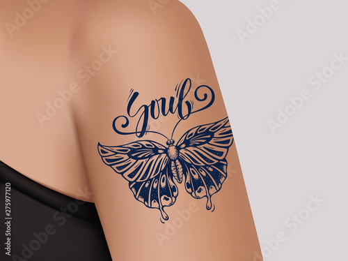 Butterfly Tattoo on female shoulder. Mystic butterfly tattoo with calligraphy Soul.