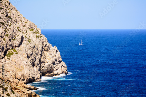 Cala Figuera on Cap Formentor, beautiful sea bay with turquoise water, beach and mountains, Mallorca island, Spain