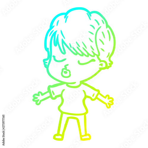 cold gradient line drawing cartoon woman with eyes shut