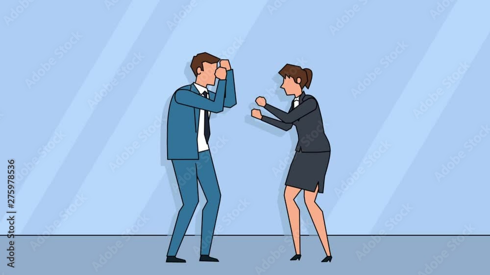 Flat cartoon business people characters boxing fight standoff rivalry