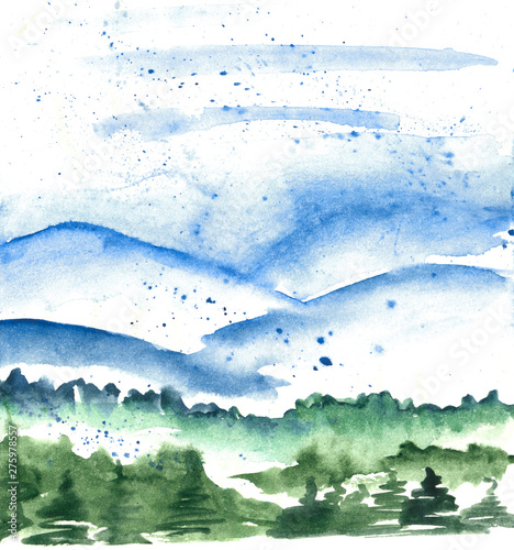 Hand drawn watercolor painting of a fir-tree or pine forest in front of blue foggy mountains in Switzerland, Lucern, view from Pilatus