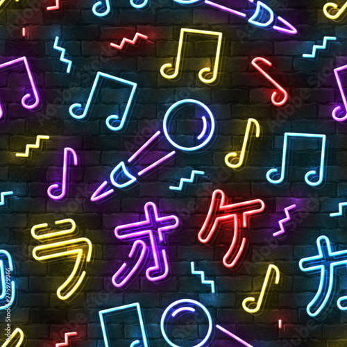 Vector realistic isolated neon sign of Karaoke in Japanese seamless pattern on a wall for website template decoration and wallpaper covering.