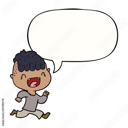 cartoon happy boy laughing and running away and speech bubble