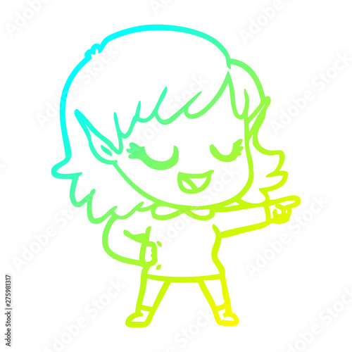 cold gradient line drawing happy cartoon elf girl pointing