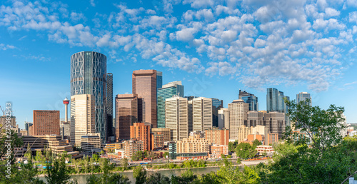 Panoramic view of Calgary's skyline on a summer day.