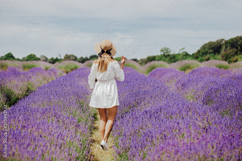 Beautiful young woman in a white dress and straw hat walks in the ...