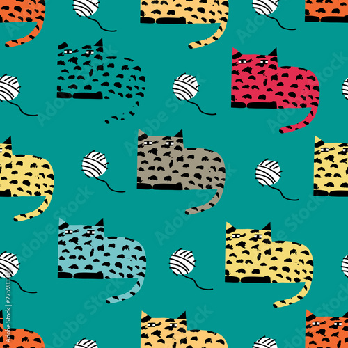 Baby seamless pattern with cute colorful cats. Cute vector childish background for fabric, textile, nursery wallpaper. Vector Illustration.