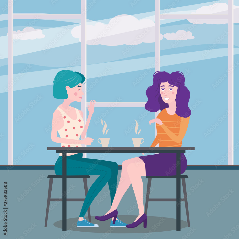 Romantic meeting of two girlfriends in a cafe. Sit drinking coffee in chairs, have fun and relaxation Romantic meeting of two girlfriends in a cafe. Sit drinking coffee in chairs, have fun and relaxation