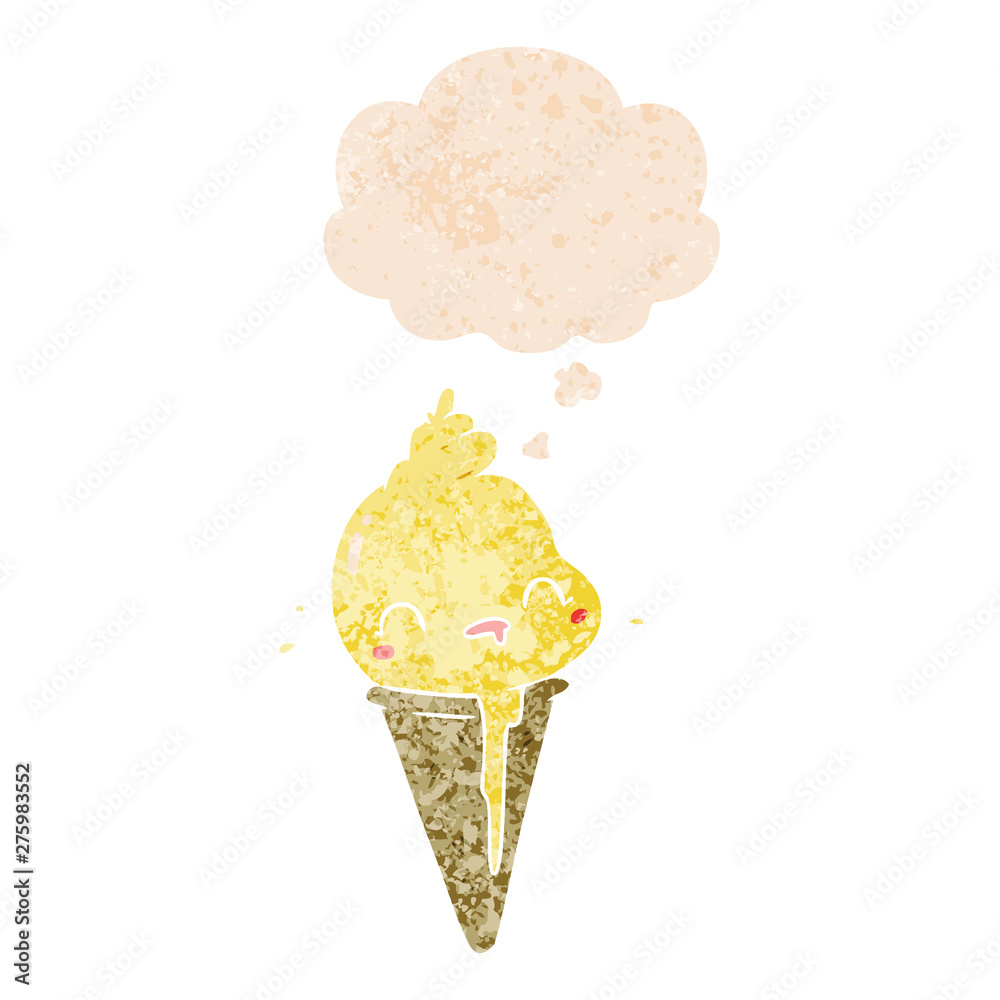cute cartoon ice cream and thought bubble in retro textured style
