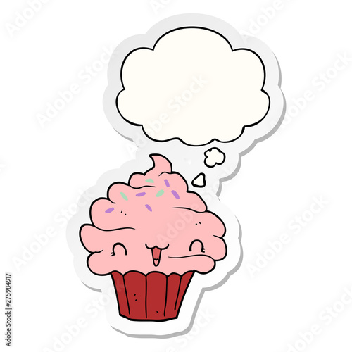 cute cartoon frosted cupcake and thought bubble as a printed sticker