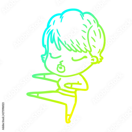 cold gradient line drawing cartoon woman with eyes shut