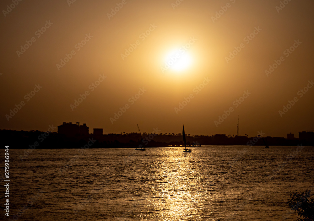 Felucca sailboats sailing on the Nile River in Egypt near Cairo