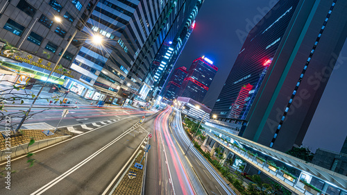 Photography Corporate Building With Street View At Night In Hong Kong On October 12, 2018