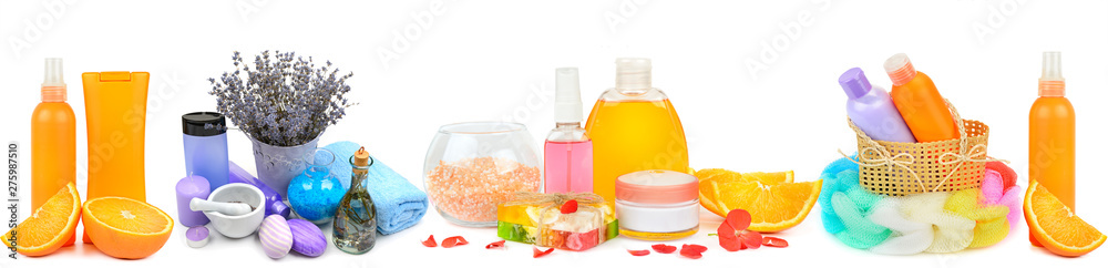 Set of natural cosmetic products isolated on white background. Panoramic collage. Wide photo with free space for text. Set of natural cosmetic products isolated on white background. Panoramic collage. Wide photo with free space for text.