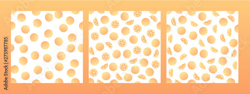 Set of vector fresh simple fruit seamless pattern. Irregular composition of citrus oranges texture isolated on white background. Design repeate tile for decorative textile, backdrop, wrapping paper. © tasty_cat