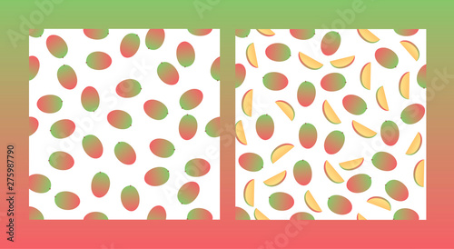 Set of vector fresh simple fruit seamless pattern. Irregular composition of ripe mango texture isolated on white background. Design repeate tile for decorative textile, backdrop, wrapping paper.