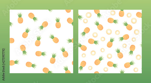 Set of vector fresh simple fruit seamless pattern. Irregular composition of ripe pineapple texture isolated on white background. Design repeate tile for decorative textile, backdrop, wrapping paper.