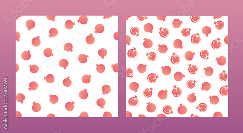 Set of vector fresh simple fruit seamless pattern. Irregular composition of sliced pomegranate texture isolated on white background. Design tile for decorative textile, backdrop, wrapping paper.