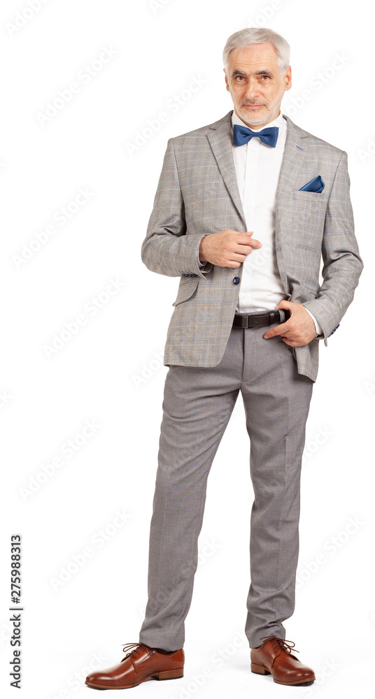 Portrait of smart and handsome intelligent senior man in stylish grey suit isolated on white background Portrait of smart and handsome intelligent senior man in stylish grey suit isolated on white background