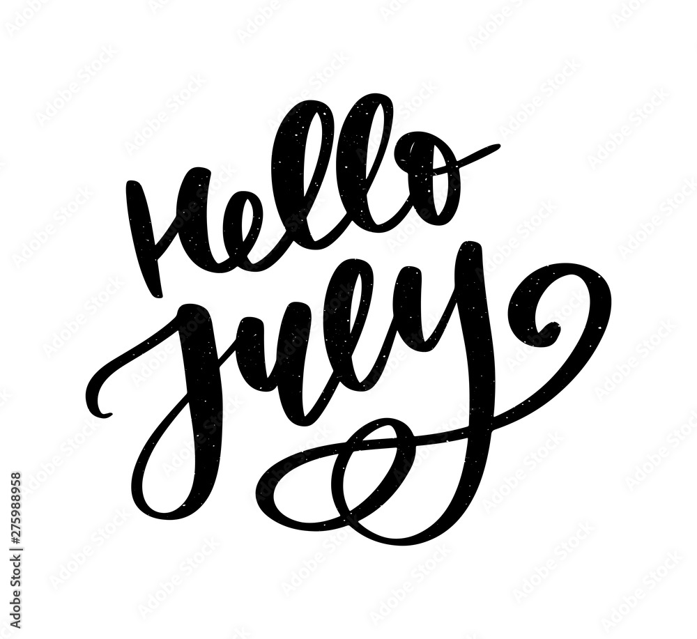 Hello july lettering print. Summer minimalistic illustration. Isolated calligraphy on white background. Hello july lettering print. Summer minimalistic illustration. Isolated calligraphy on white background.
