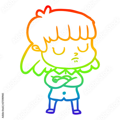 rainbow gradient line drawing cartoon indifferent woman folding arms