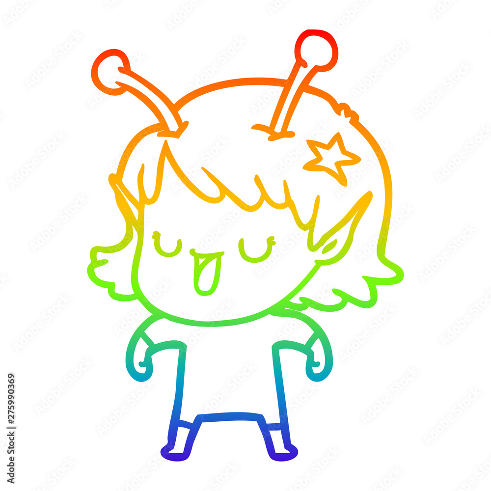 rainbow gradient line drawing happy alien girl cartoon