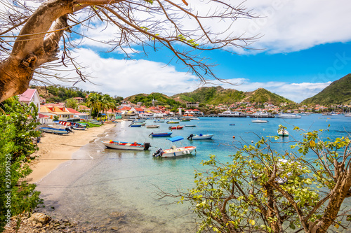 Obraz na płótnie Landscape with small beach and bay with boats. Terre-de-Haut, Les Saintes, Iles des Saintes, Guadeloupe, French Antilles, Caribbean. w salonie