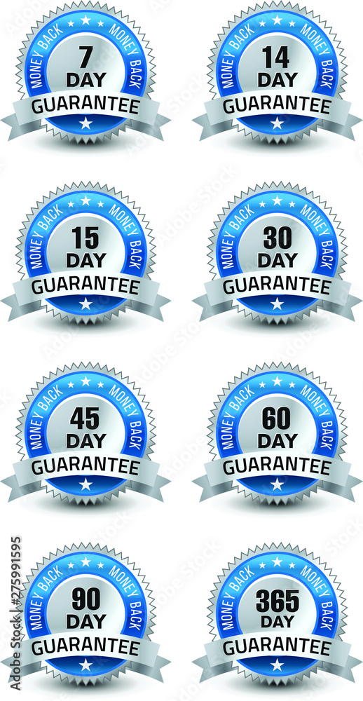 Blue and silver color combined powerful money back guarantee badge/seal with ribbon set.