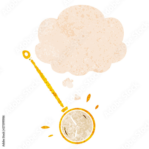 cartoon gold watch and thought bubble in retro textured style