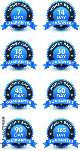 Blue simple yet reliable, medal, Label, Icon, Seal, Sign money back guarantee badge set with ribbon Isolated on White Background. 