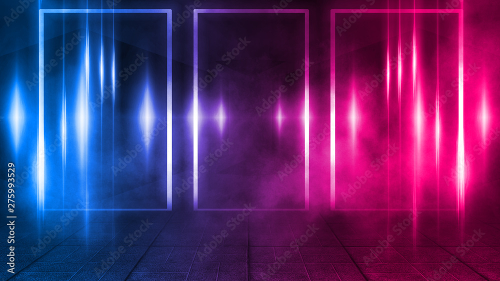 Empty background scene. Dark street reflection on wet asphalt. Rays of neon light in the dark, neon figures, smoke. Background of empty stage show. Abstract dark background. Empty background scene. Dark street reflection on wet asphalt. Rays of neon light in the dark, neon figures, smoke. Background of empty stage show. Abstract dark background.